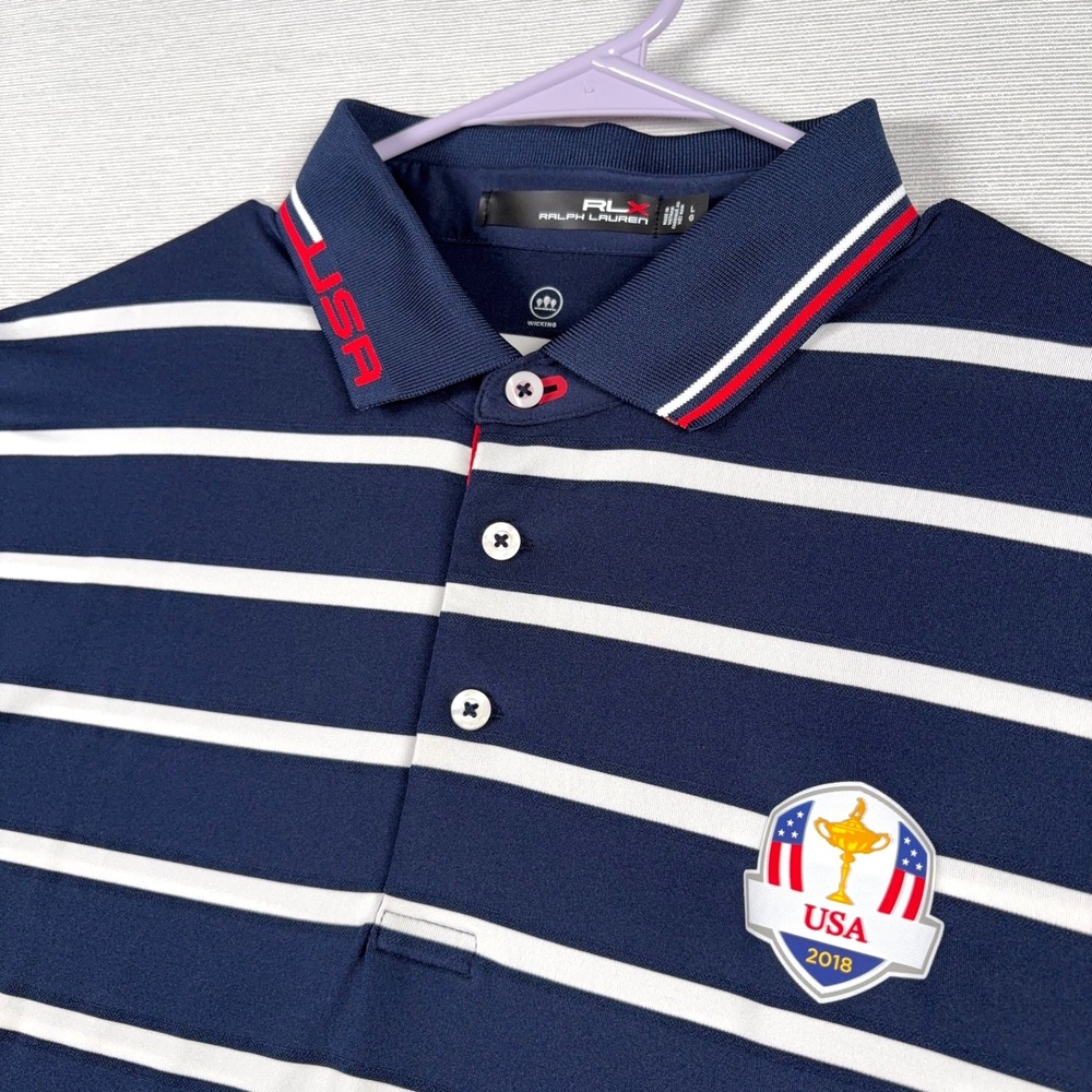 RLX Ralph Lauren Polo Shirt Ryder Cup USA 2018 Mens Size L Blue White Striped